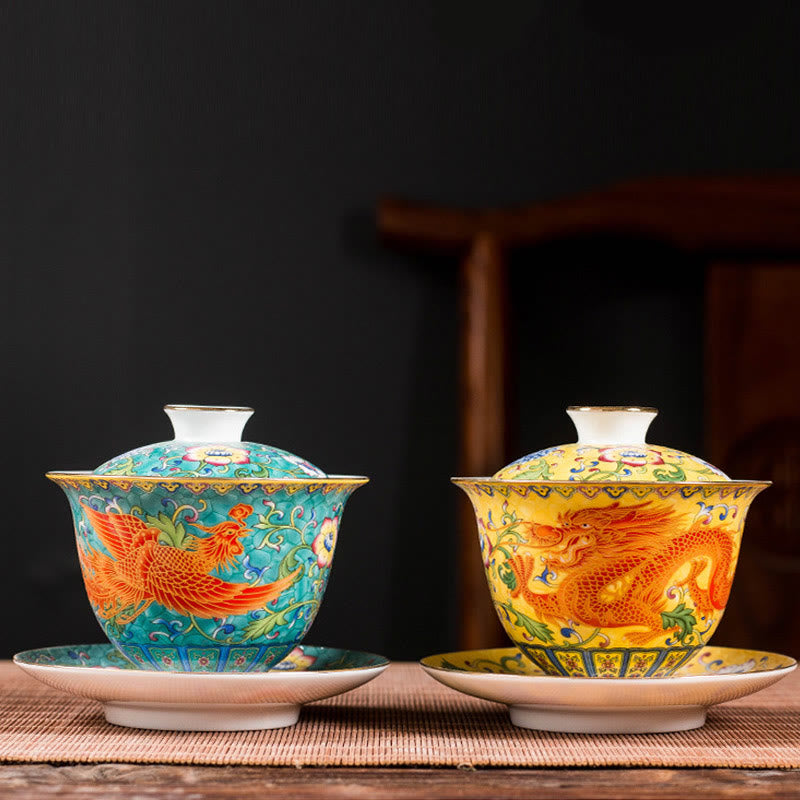 Buddha Stones Dragon Phoenix Flower Design Keramik Gaiwan Sancai Teetasse Kung Fu Teetasse und Untertasse mit Deckel