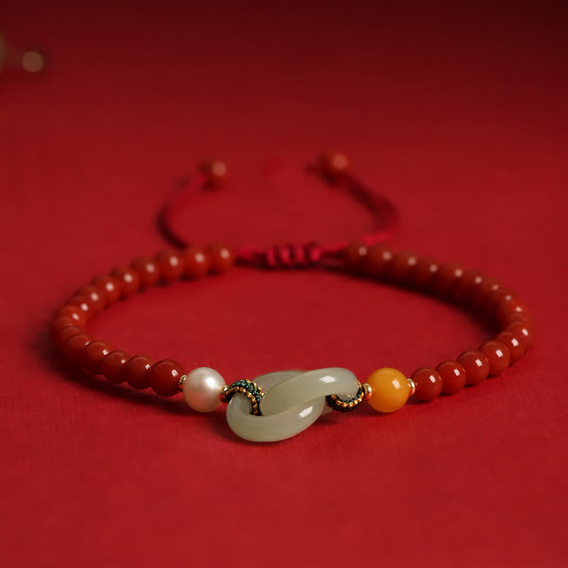 Buddha Stones Natürliches rotes Achat-Hetian-Jade-Armband mit doppelter Friedensschnalle
