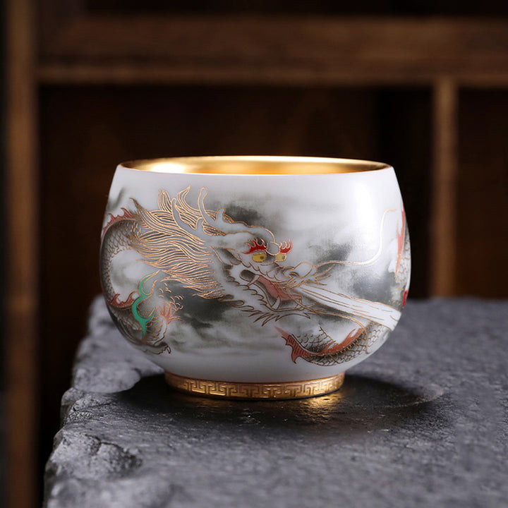 Buddha Stones, Drache, vergoldeter Kürbis, Keramik, Weiß Porzellan, Teetasse, Kung-Fu-Teetasse, 160 ml