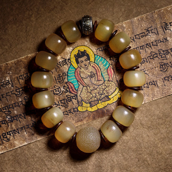 Buddha Stones Handgefertigtes tibetisches Schafhorn-Armband Om Mani Padme Hum Glücksverheißung