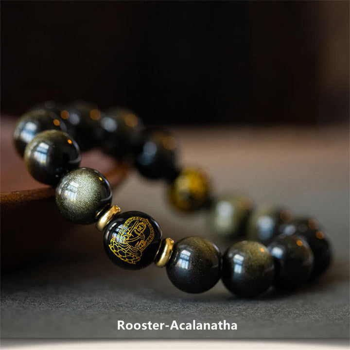 Chinesisches Tierkreis-Natal-Buddha-Goldglanz-Obsidian-Armband zum Schutz des Reichtums
