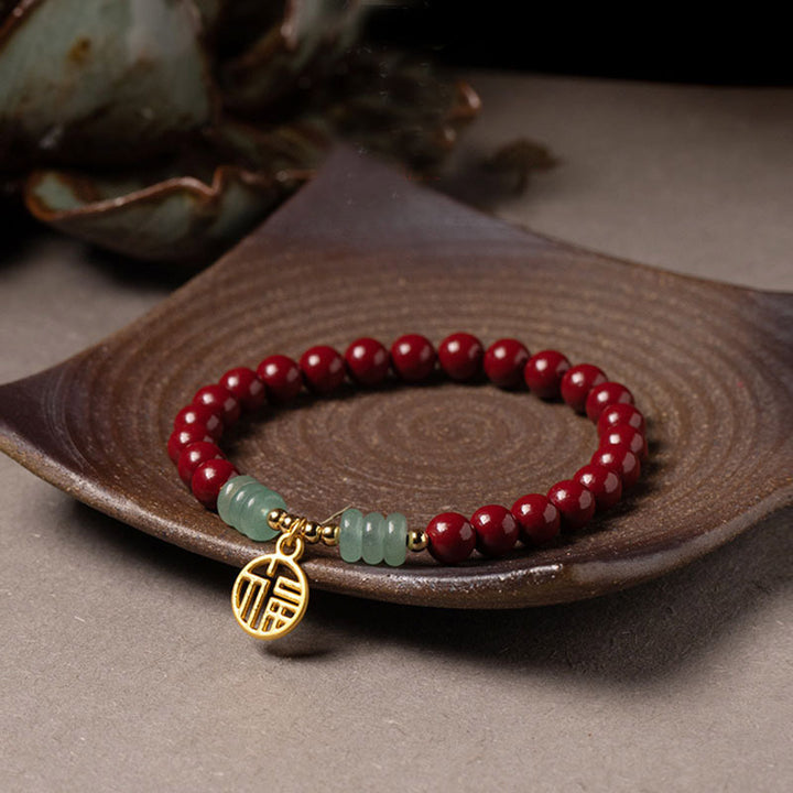Armband mit Buddha Stonesn, Zinnober, grünem Aventurin, Glückssegen