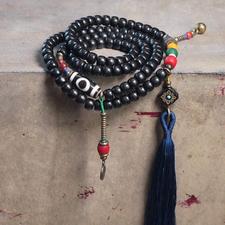 Buddha Stones 108 Perlen Mala Ebenholz Holz Dzi Perle Kupfer Balance Quaste Armband