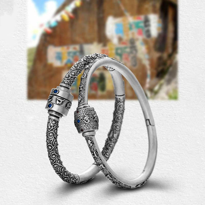 Buddha Stones 990 Sterling Silber Tibetische Glückswolken Om Mani Padme Hum Gravur Kreativität Armband Armreif