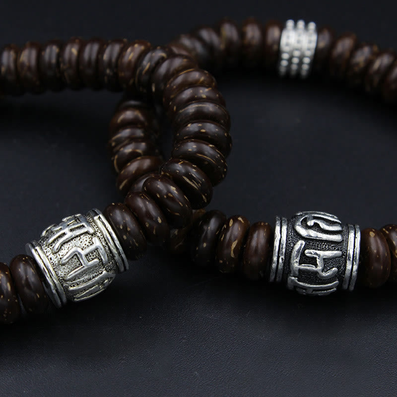 Buddha Stones Natürliches tibetisches Om Mani Padme Hum Positive Armband aus Kokosnussschale