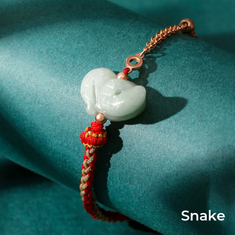 Buddha Stones 925 Sterling Silber Jahr des Drachen Chinesisches Sternzeichen Jade Glückskettenarmband