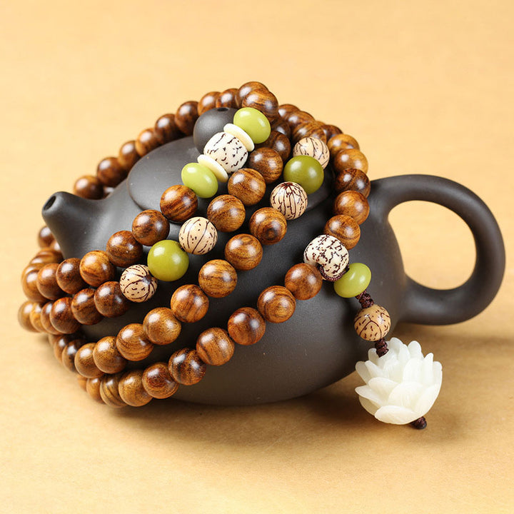 Buddha Stones Tibetisches Palisander-Lotus-Mala-Schutz-Ruhe-Halsketten-Armband