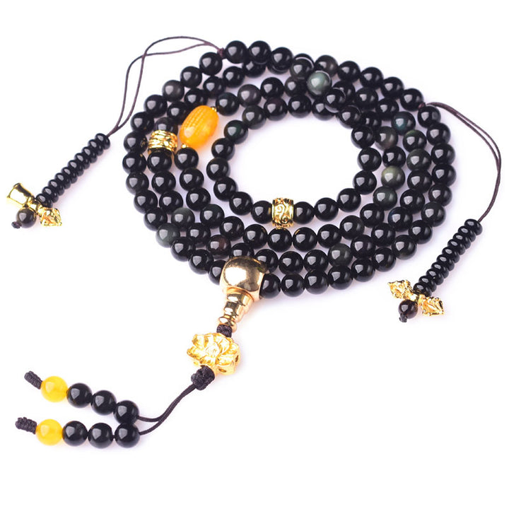 Buddha Stones, 108 Perlen, natürlicher schwarzer Obsidian, Lotus-Erfüllungs-Mala-Armband