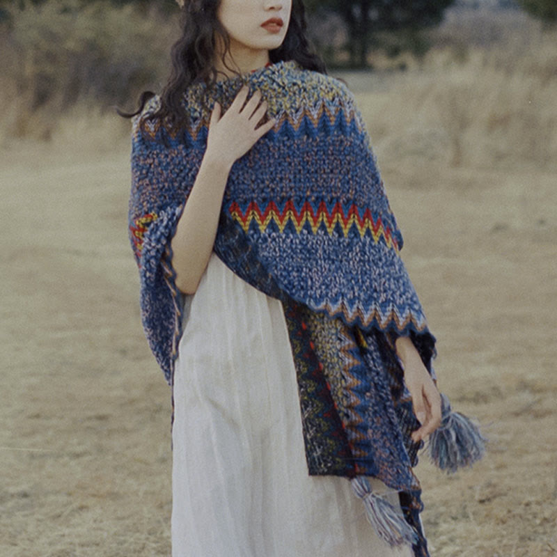 Tibetischer Schal mit Buddha Stonesn, weich, warm, Strickmantel, Winter, tibetischer Quastenschal