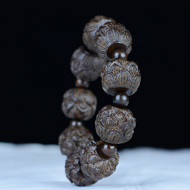 Buddha Stones, Ebenholz, achtzehn Arhats, Lotus-Drachen, graviertes Balance-Armband