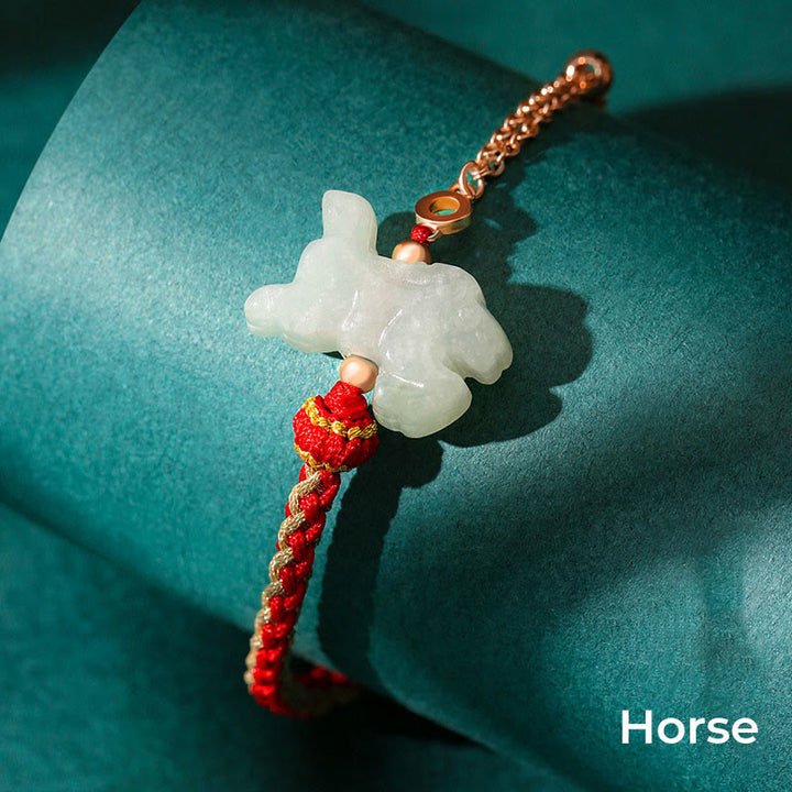 Buddha Stones 925 Sterling Silber Jahr des Drachen Chinesisches Sternzeichen Jade Glückskettenarmband