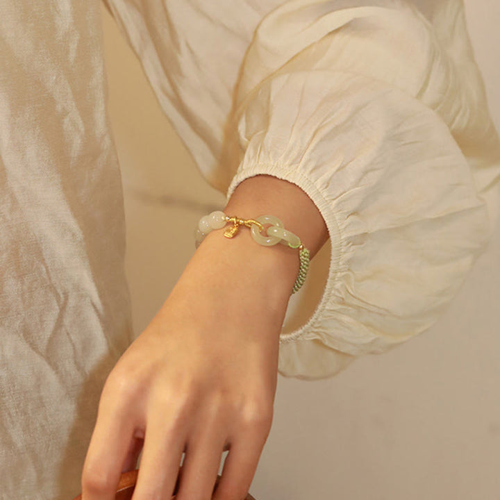 Buddha Stones Natürliche Hetian Jade Perle Doppelte Friedensschnalle Fu Charakter Fülle Geflochtenes Armband