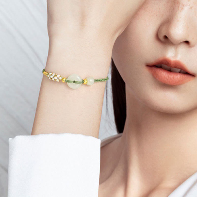 Buddha Stones Hetian Jade Friedensschnalle Glück Pfirsichblüte geflochtenes Armband