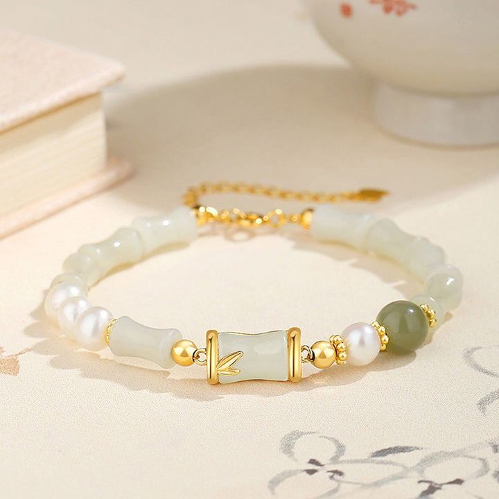 Buddha Stones 925 Sterling Silber natürliche Hetian Weiß Jade Bambus Glück Segen Armband