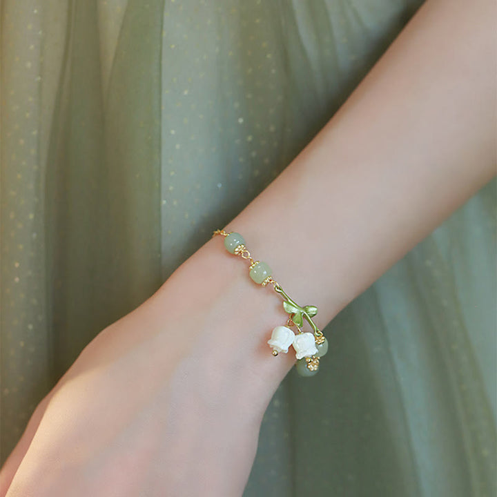 Buddha Stones Grünes Jadeperlen-Maiglöckchen-Wohlstandskettenarmband