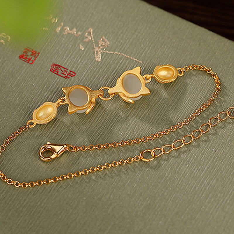 Buddha Stones 925 Sterling Silber Natürliche Hetian Weiß Jade Cyan Jade Schönes Fuchs-Glücksarmband