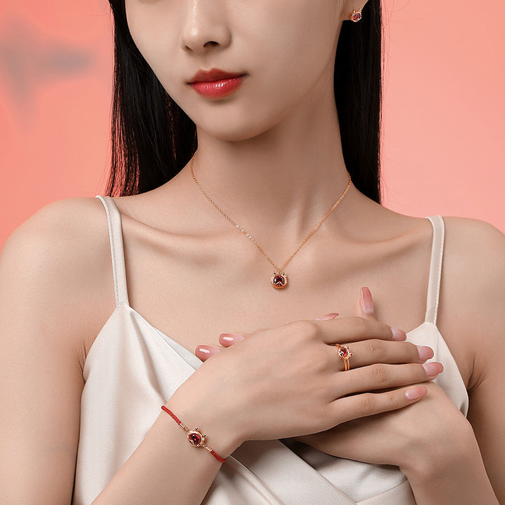 Buddha Stones, 925er-Sterlingsilber, Jahr des Drachen, Glück, roter Zirkon, Halskette, Anhänger, Armband, Ohrringe, Ring