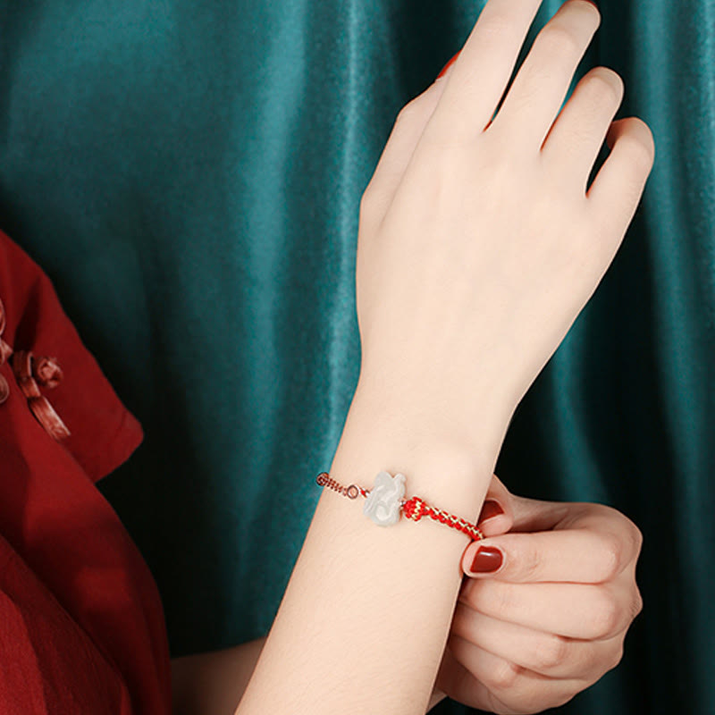 Buddha Stones 925 Sterling Silber Jahr des Drachen Chinesisches Sternzeichen Jade Glückskettenarmband