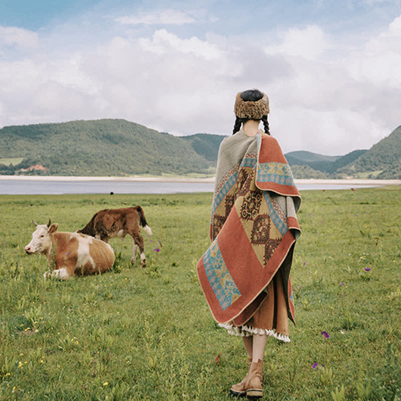 Tibetischer Schal mit Buddha Stonesn, Rautenmuster, warmer Wintermantel