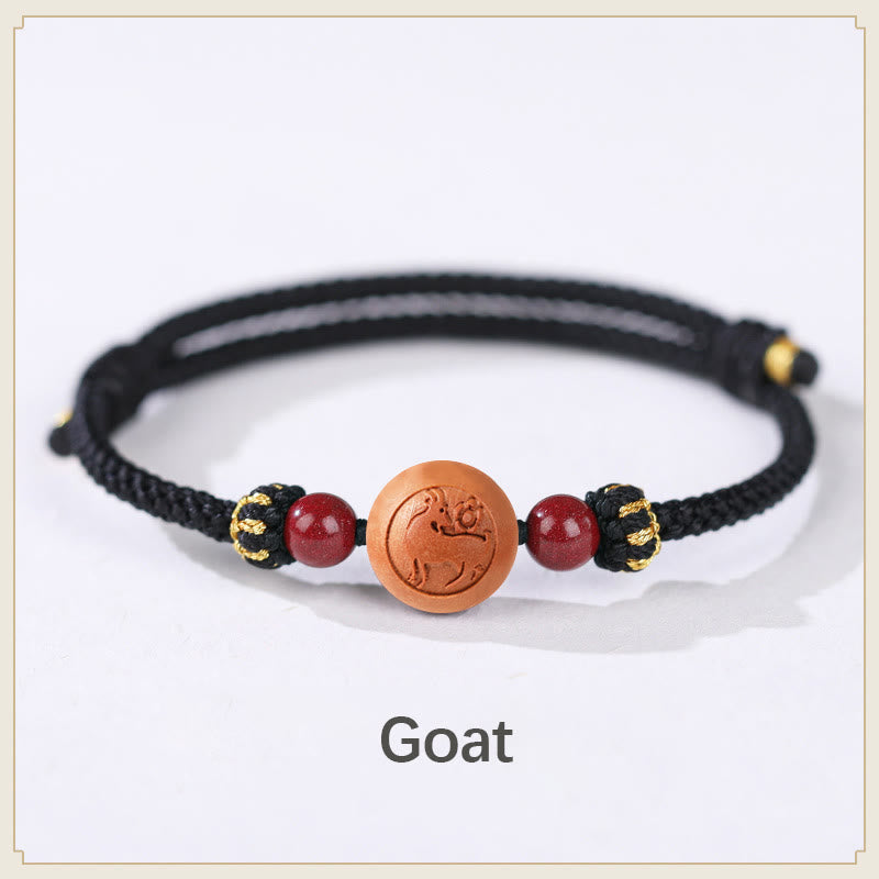 Armband mit Buddha Stonesn, natürlichem Pfirsichholz, chinesischem Sternzeichen Fu, geschnitztem Zinnober-Reichtumsarmband