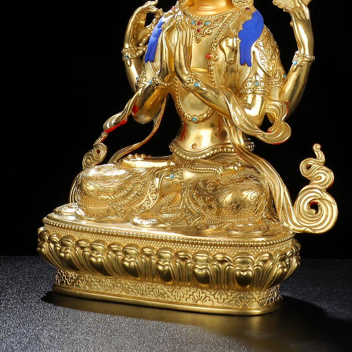 Chenrezig Vierarmige Avalokitesvara-Schutzstatue aus Kupfer, vergoldet, Dekoration