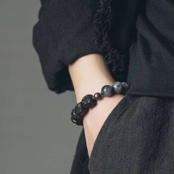 Buddha Stones Eagle's Eye Stein Ebenholz Kupfer Selbstvertrauen Paar Armband