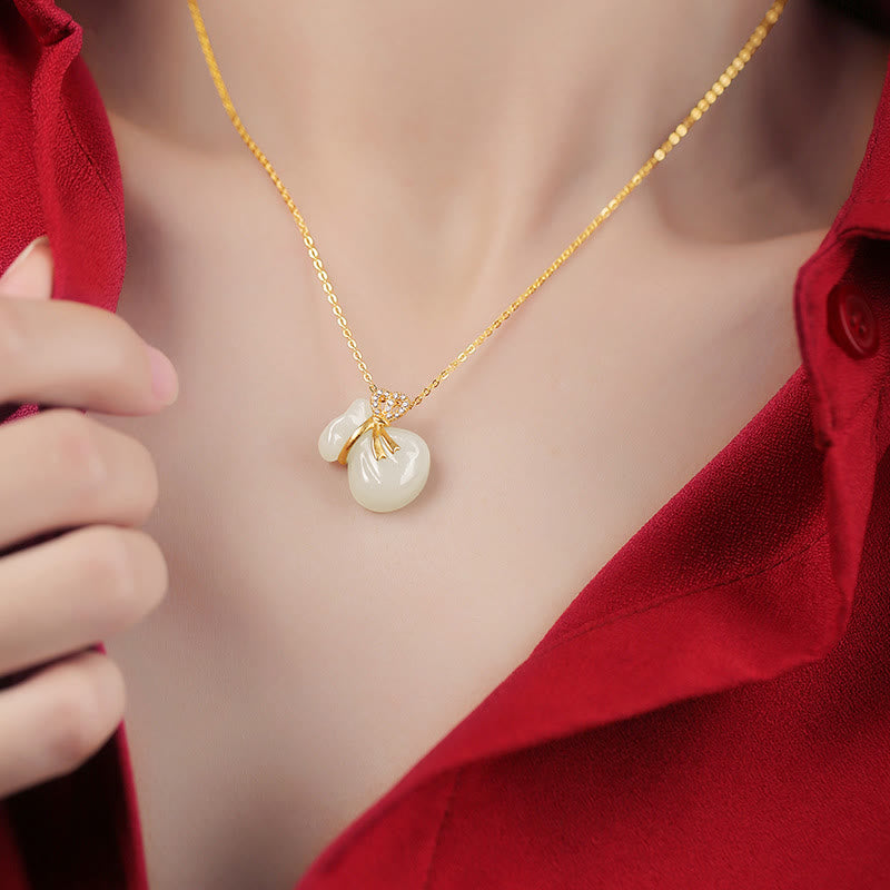 Buddha Stones, natürlicher Hetian- Weiß Jade-Halsketten-Anhänger, Glücks-Geldbeutel-Halskette