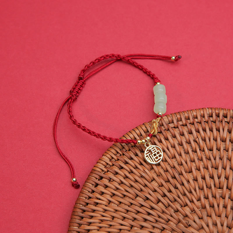 Buddha Stones Handgefertigtes Jade-Perlen-Fu-Charakter-Charm-Glücksarmband mit rotem Seil
