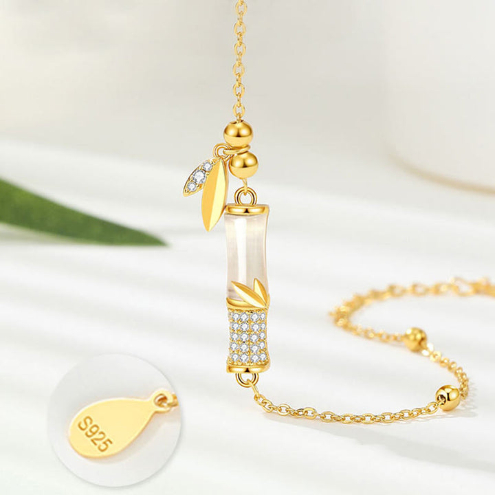 Buddha Stones Glücksarmband aus 925er-Sterlingsilber, 18 Karat vergoldet, Weiß Jade, Bambus-Zirkon, Blatt-Glücksarmband