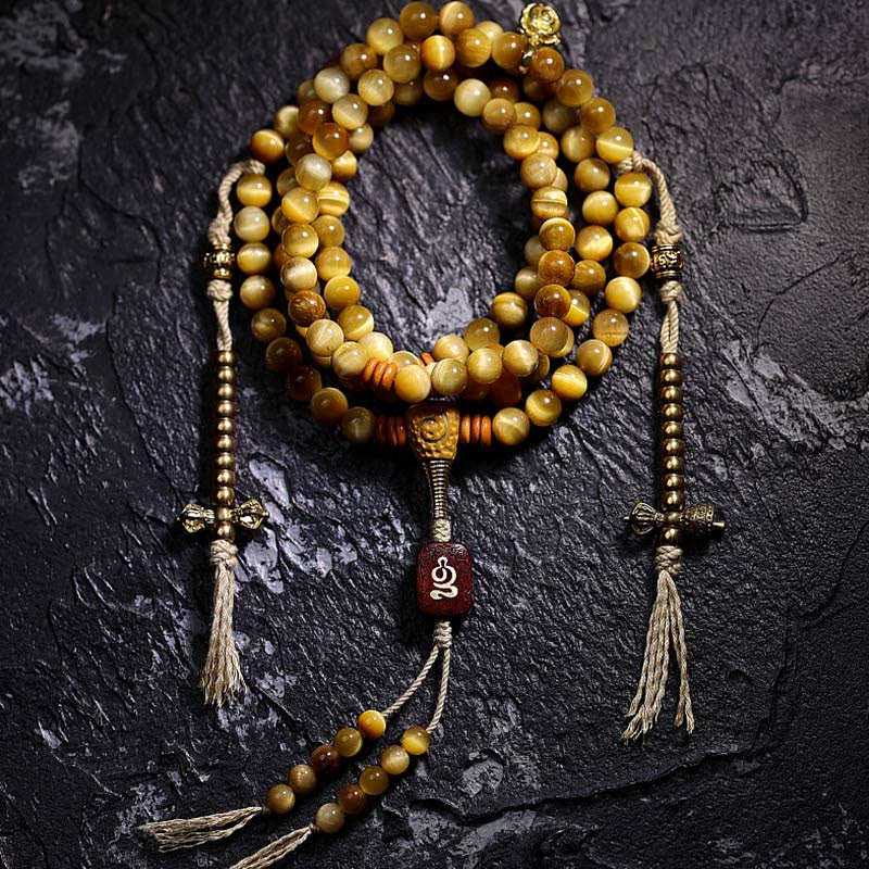 Buddha Stones 108 Mala Perlen Natürliches Tigerauge Kupfer Dorje Schutz Quastenarmband