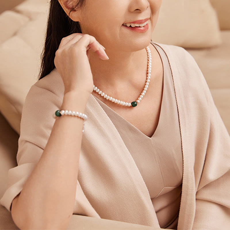 Buddha Stones 925 Sterling Silber natürliche Perle Hetian Jade Aquamarin Weisheit Aufrichtigkeit Halskette Anhänger Armband