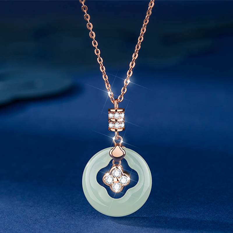 Buddha Stones 925 Sterling Silber natürliche Hetian Jade Glück vierblättriges Kleeblatt Zirkon Halskette Anhänger mit Geschenkbox