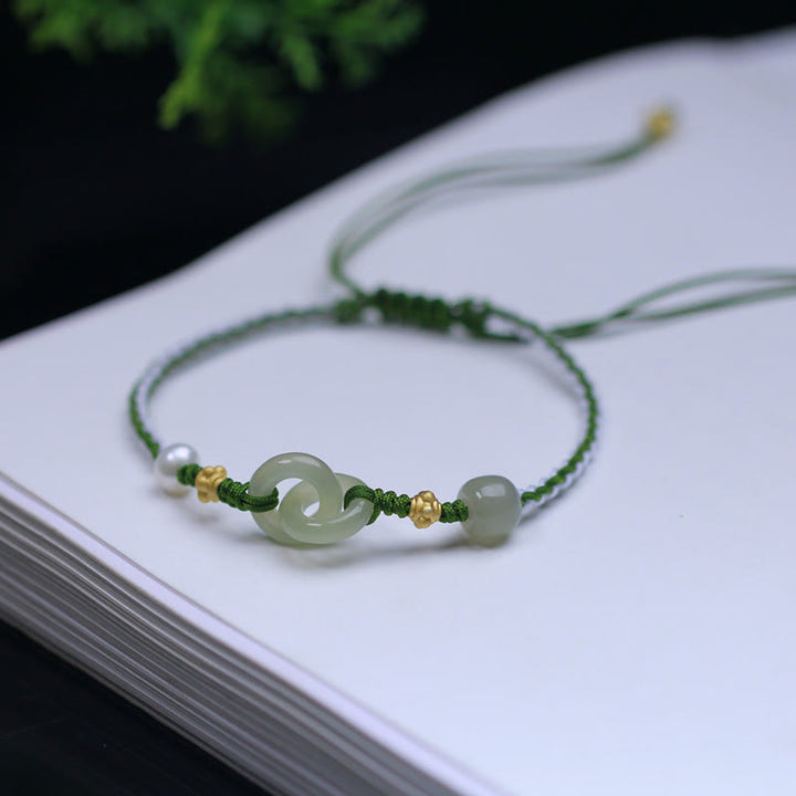 Buddha Stones 925 Sterling Silber Hetian Jade Doppelte Friedensschnalle Glück geflochtenes Armband