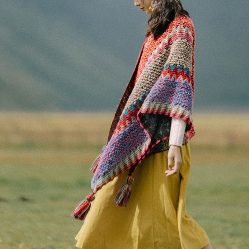 Tibetischer Schal mit Buddha Stonesn, warmer Strickmantel, tibetischer Quastenschal