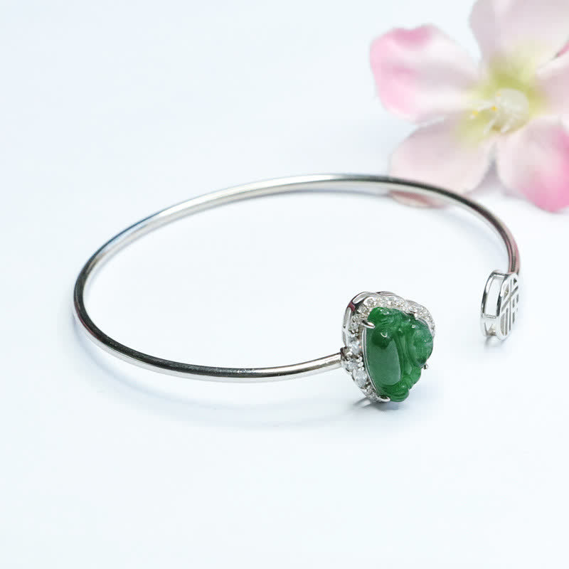 Buddha Stones 925 Sterling Silber Lachender Buddha Jade Glücksarmband Armreif