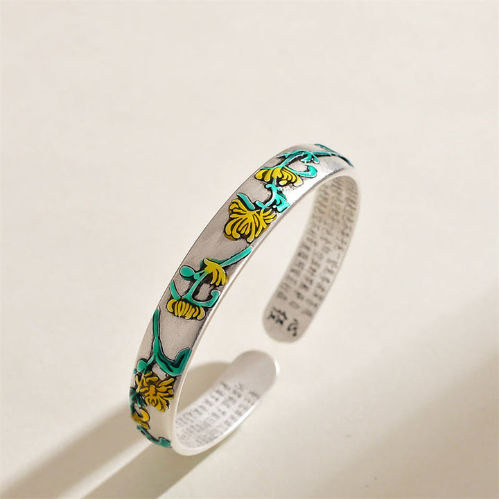Buddha Stones, Pflaumenblüten-Chrysanthemen-Blumen-Design, Herz-Sutra-Heilarmband, Manschettenarmband