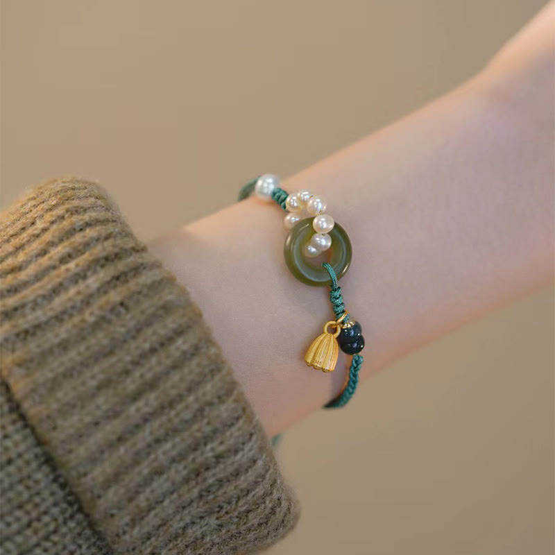 Buddha Stones Natürliche Hetian Jade Friedensschnalle Perle Glück Handgefertigtes geflochtenes Armband