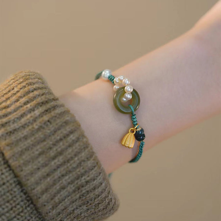 Buddha Stones Natürliche Hetian Jade Friedensschnalle Perle Glück Handgefertigtes geflochtenes Armband