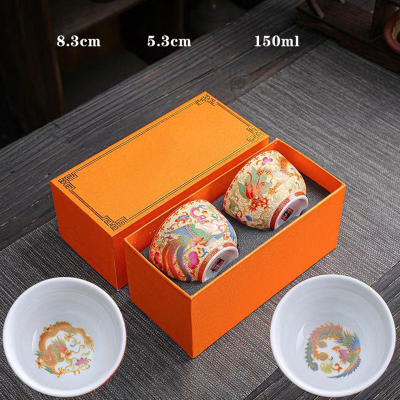 Buddha Stones 2 Stück Drachen-Phoenix-Teetasse aus Keramik, Kung-Fu-Teetassen