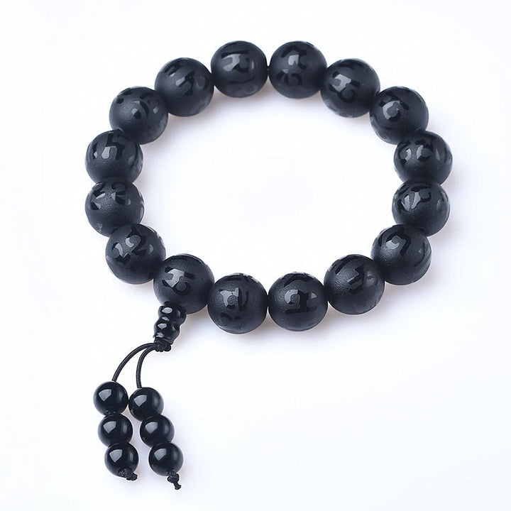 Buddha Stones Tibet Weiß Kristall Schwarzer Onyx Om Mani Padme Hum Meditationsarmband