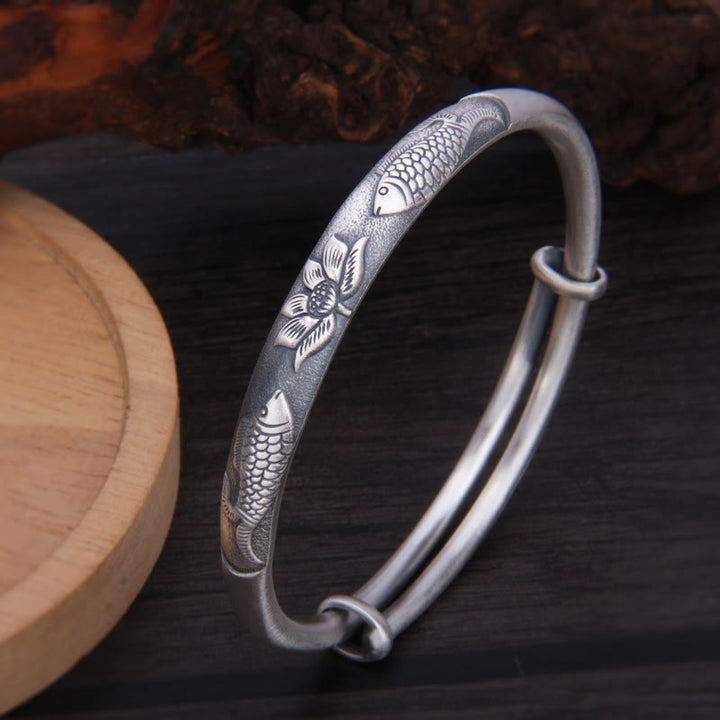 Buddha Stones 999 Sterling Silber Koi Fisch Lotus Reichtum Glück Armband Armreif