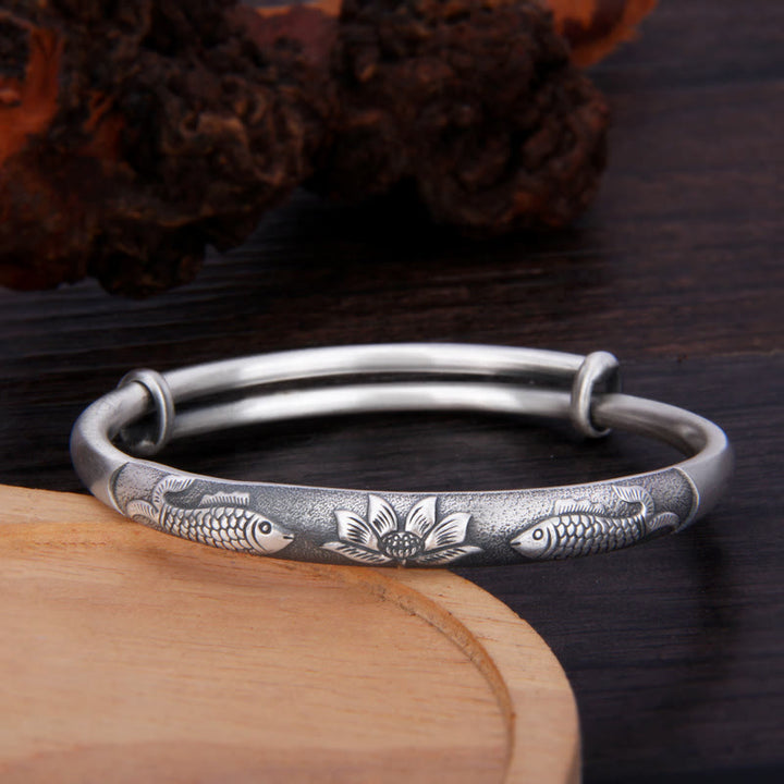 Buddha Stones 999 Sterling Silber Koi Fisch Lotus Reichtum Glück Armband Armreif