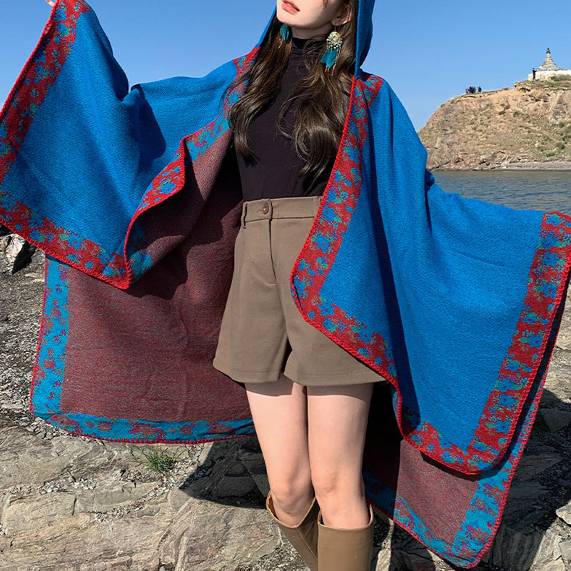 Buddha Stones Tibetischer Schal mit Rand, kleiner Blumen-Kapuzenumhang, gemütlicher Winter-Reiseschal