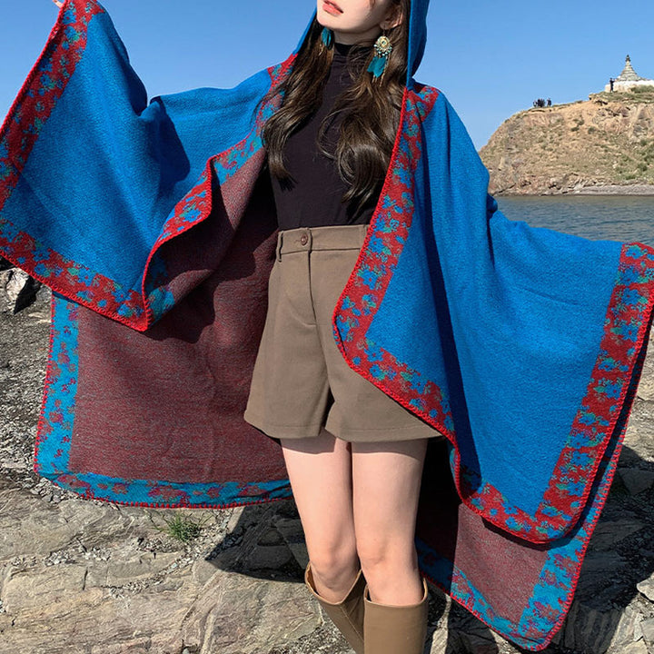 Buddha Stones Tibetischer Schal mit Rand, kleiner Blumen-Kapuzenumhang, gemütlicher Winter-Reiseschal