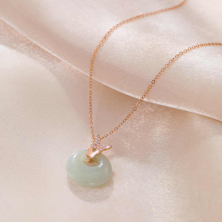 Buddha Stones 925 Sterling Silber Natürlicher Hetian Jade Zirkon Schmetterling Glück Halskette Anhänger