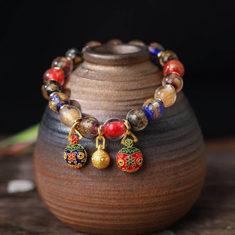 Buddha Stones Gold Schlucktier Familie Charm Gold Silber Folie Liuli Glasperlen Segensarmband