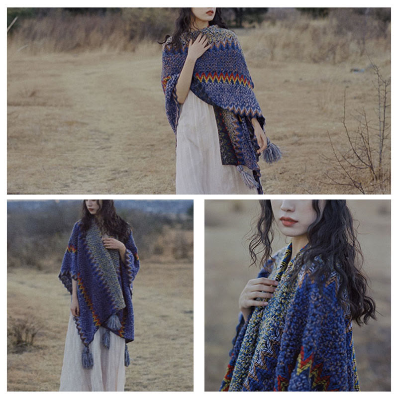 Tibetischer Schal mit Buddha Stonesn, weich, warm, Strickmantel, Winter, tibetischer Quastenschal