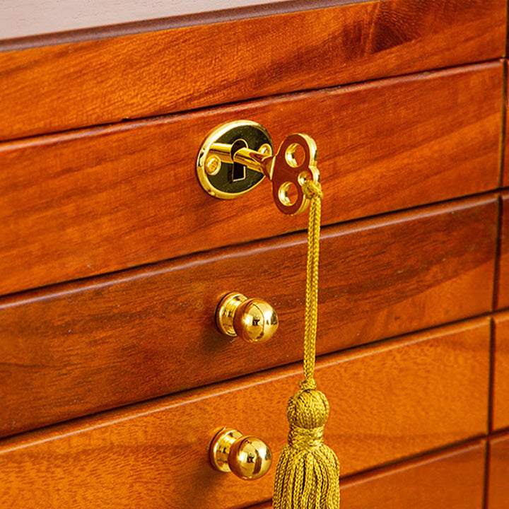 Buddha Stones Retro-Schmuckkästchen aus massivem Holz, vierlagige Schmuckaufbewahrungsbox aus Holz