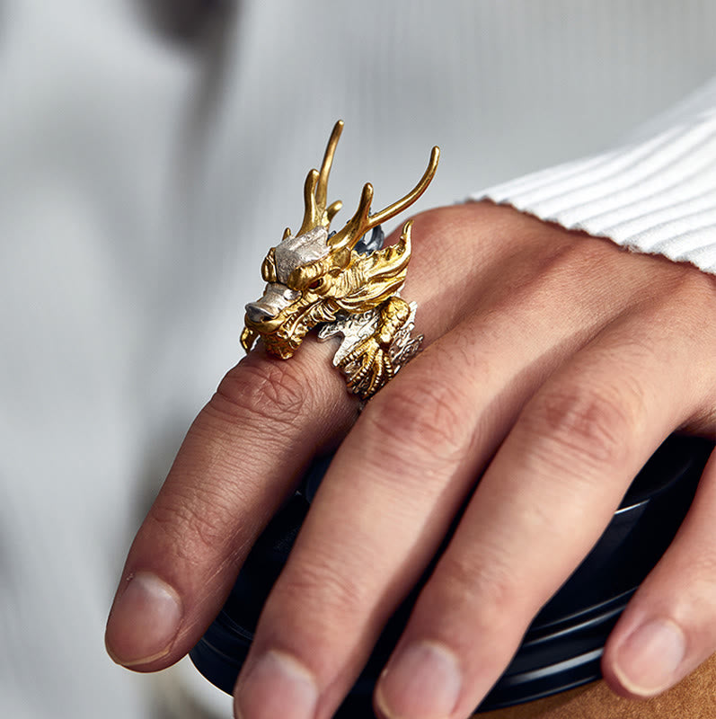 Buddha Stones 925 Sterling Silber Drache Glück Erfolg Schutz Verstellbarer Ringanhänger