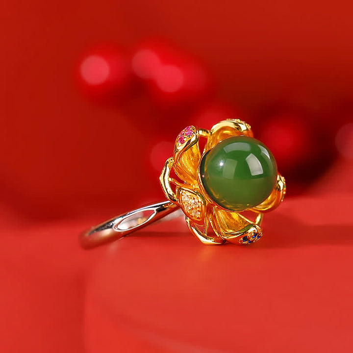 Erfolgsring aus 925er-Sterlingsilber, Weiß Jade, Cyan-Jade, Lotusblume